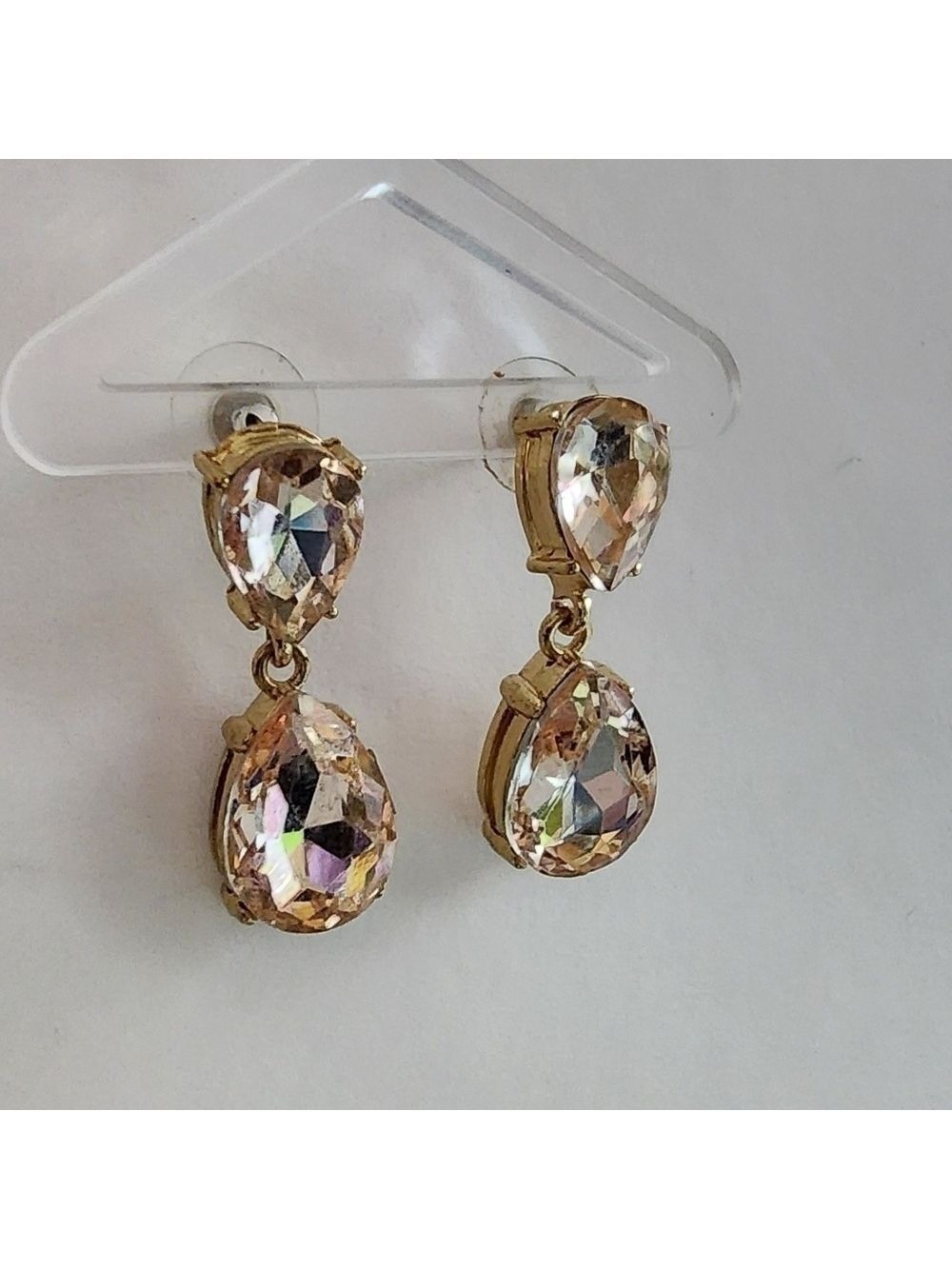 Goldtone teardrop faceted sparkle glass buff pink bling post-back earrings